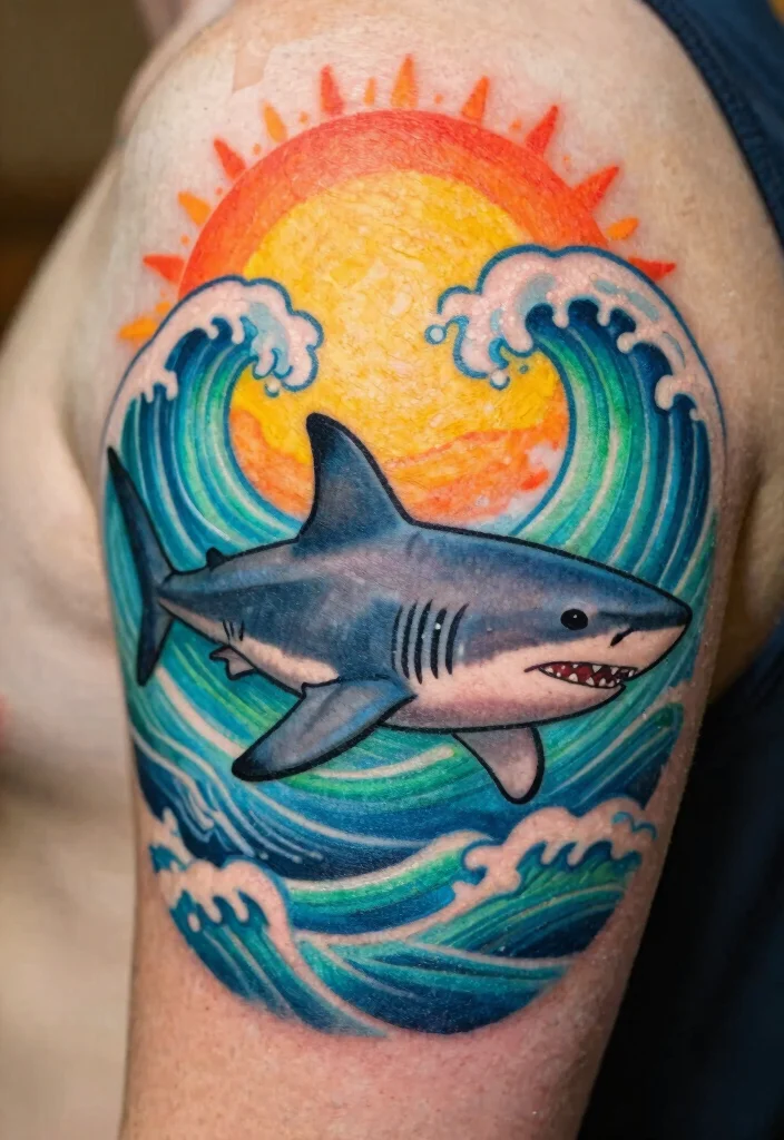 15 Shark Tattoo Men Ideas With Fierce Ocean Energy - 14. Shark with Waves and Sun 1