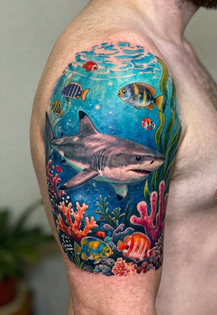 15 Shark Tattoo Men Ideas With Fierce Ocean Energy - 15. Shark and Ocean Life Collage 1