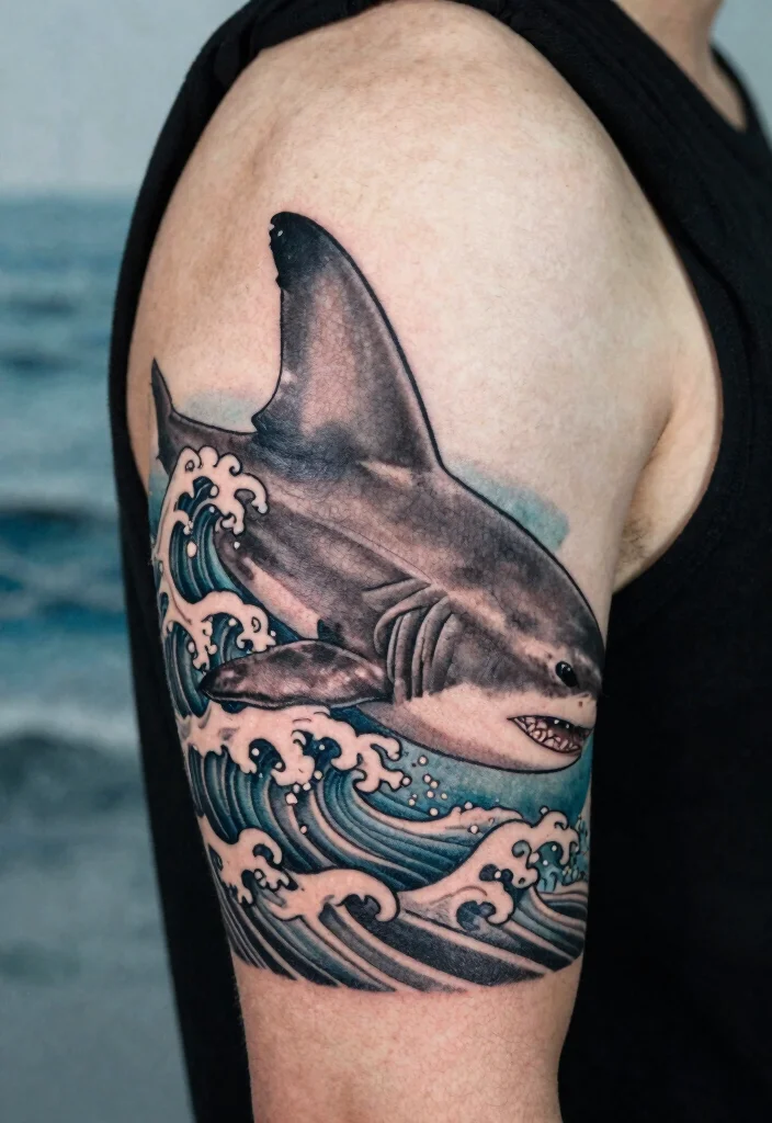 15 Shark Tattoo Men Ideas With Fierce Ocean Energy - 3. Shark with Ocean Waves 1
