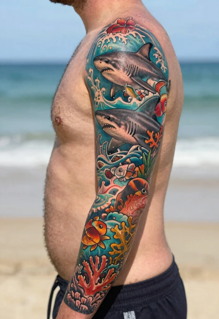 15 Shark Tattoo Men Ideas With Fierce Ocean Energy - 5. Shark Half-Sleeve Tattoo 1