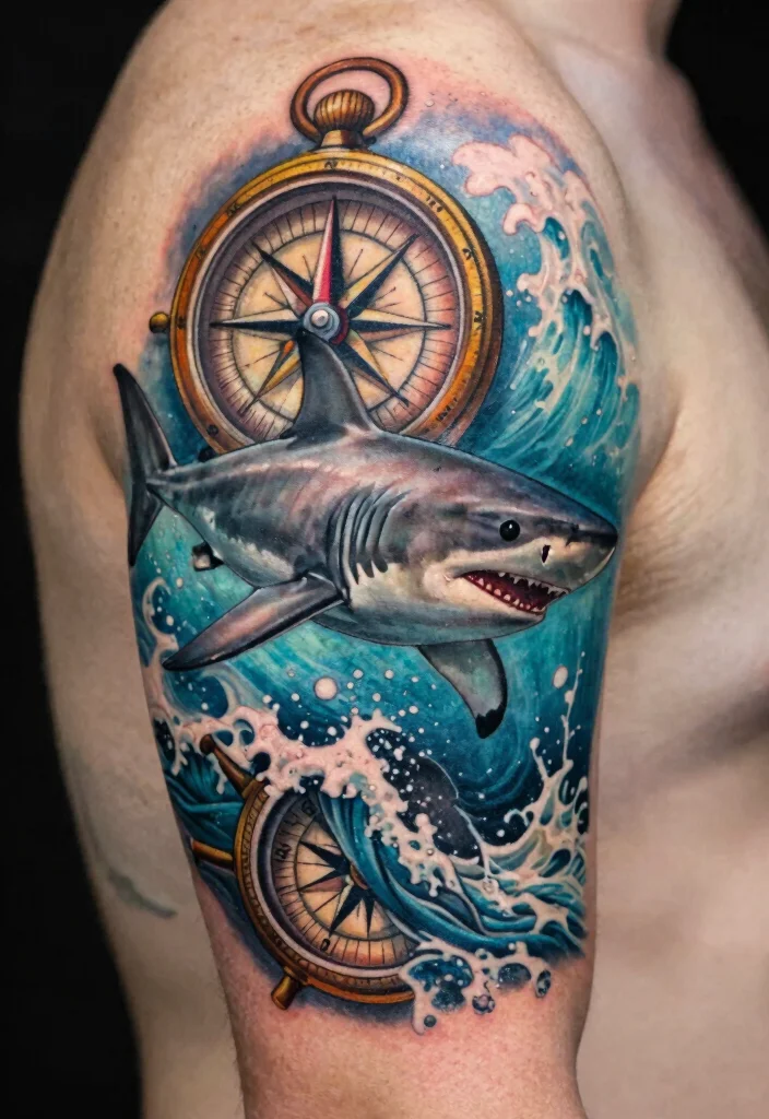 15 Shark Tattoo Men Ideas With Fierce Ocean Energy - 6. Shark and Compass Tattoo 1