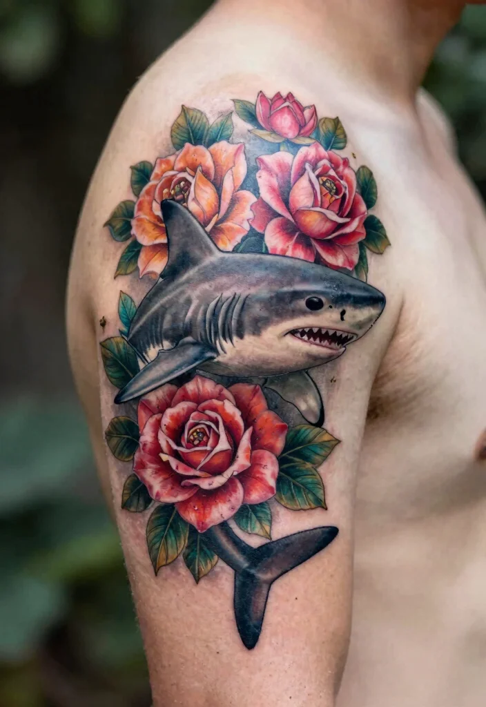 15 Shark Tattoo Men Ideas With Fierce Ocean Energy - 7. Shark with Floral Elements 1