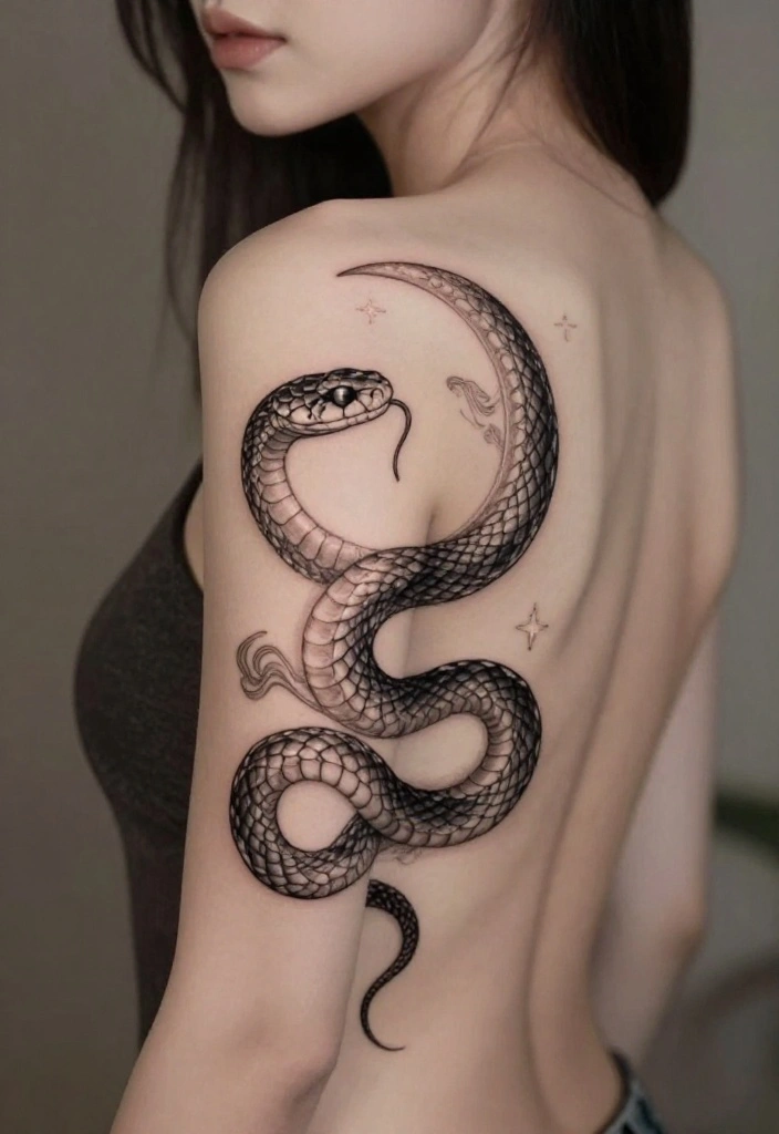 15 Spine Snake Tattoo Ideas With Sleek Flow - 11. Snake and Moon Combo 1