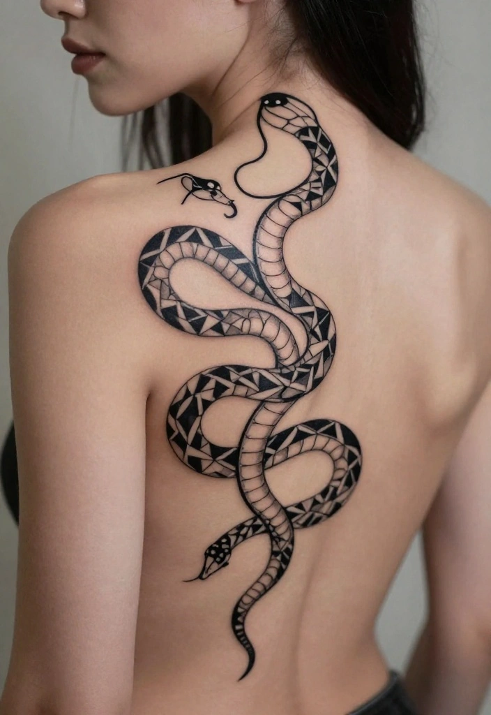15 Spine Snake Tattoo Ideas With Sleek Flow - 2. Geometric Snake Tattoo 1