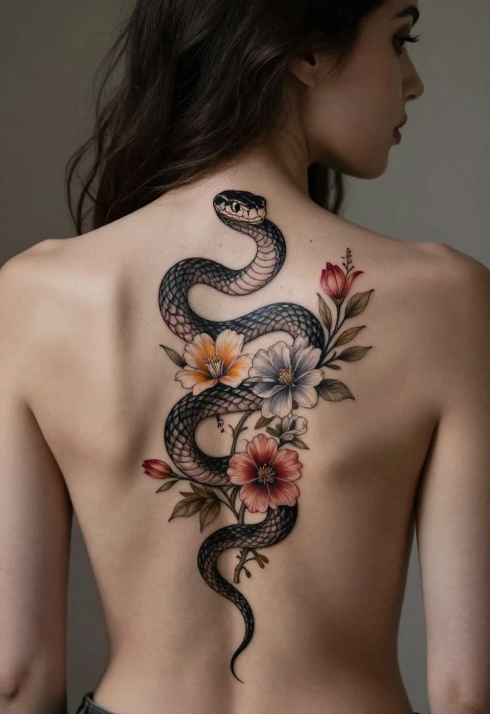 15 Spine Snake Tattoo Ideas With Sleek Flow - 3. Floral Snake Enchantment 1