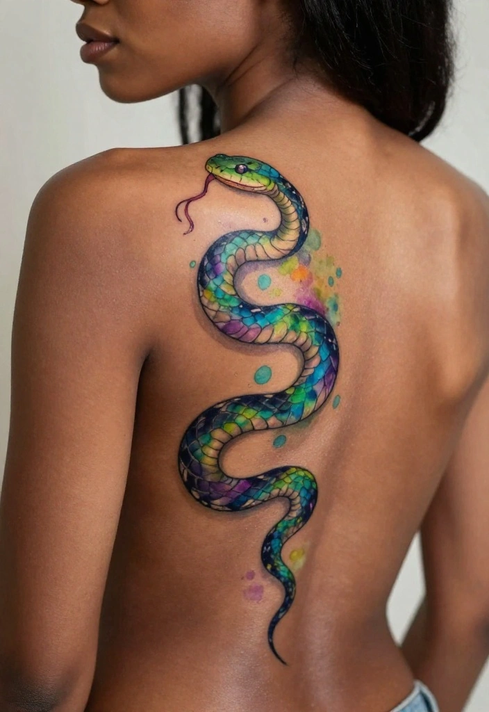 15 Spine Snake Tattoo Ideas With Sleek Flow - 7. Elegant Watercolor Snake 1