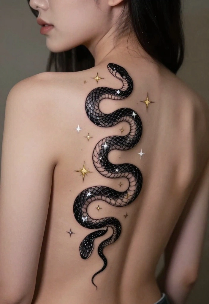 15 Spine Snake Tattoo Ideas With Sleek Flow - 8. Snake with Stars 1