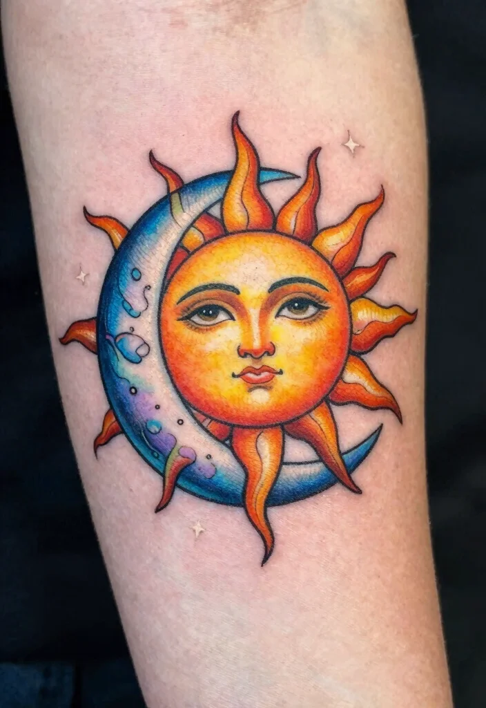 15 Sun Moon Star Tattoo Ideas With Cosmic Energy - 1. Galactic Sun and Moon Embrace 1
