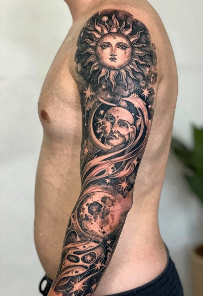 15 Sun Moon Star Tattoo Ideas With Cosmic Energy - 10. Sun Moon Star Sleeve Tattoos 1