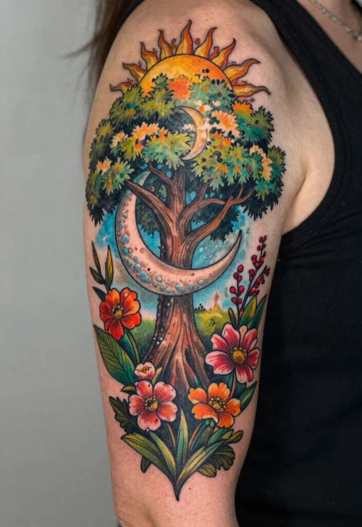 15 Sun Moon Star Tattoo Ideas With Cosmic Energy - 11. Nature-Inspired Cosmic Tattoos 1