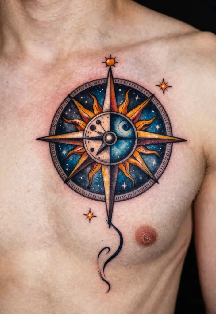 15 Sun Moon Star Tattoo Ideas With Cosmic Energy - 13. Cosmic Compass Tattoos 1