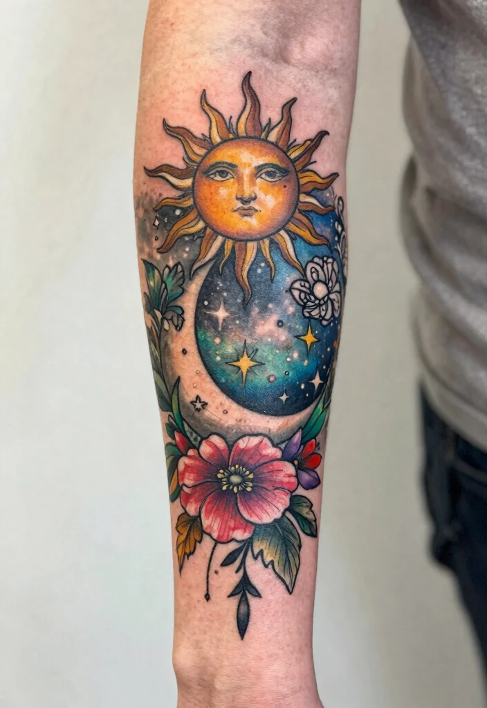 15 Sun Moon Star Tattoo Ideas With Cosmic Energy - 14. Layered Celestial Tattoos 1