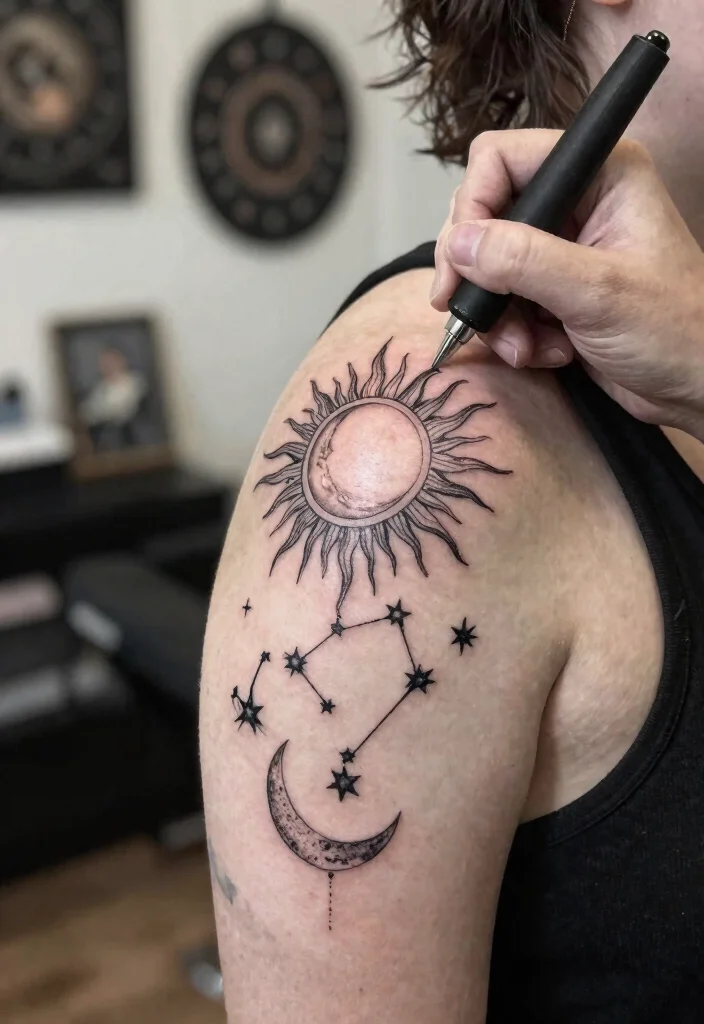 15 Sun Moon Star Tattoo Ideas With Cosmic Energy - 3. Zodiac Constellations with Celestial Bodies 1