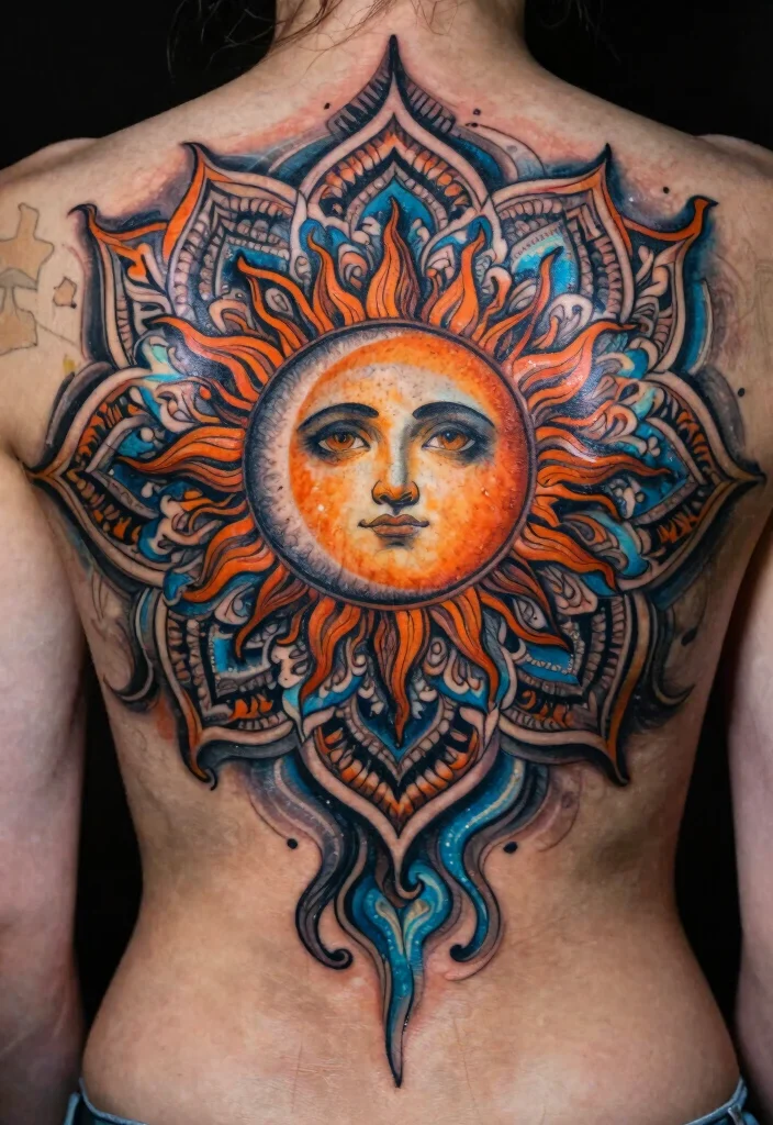 15 Sun Moon Star Tattoo Ideas With Cosmic Energy - 4. Cosmic Mandala with Sun and Moon 1