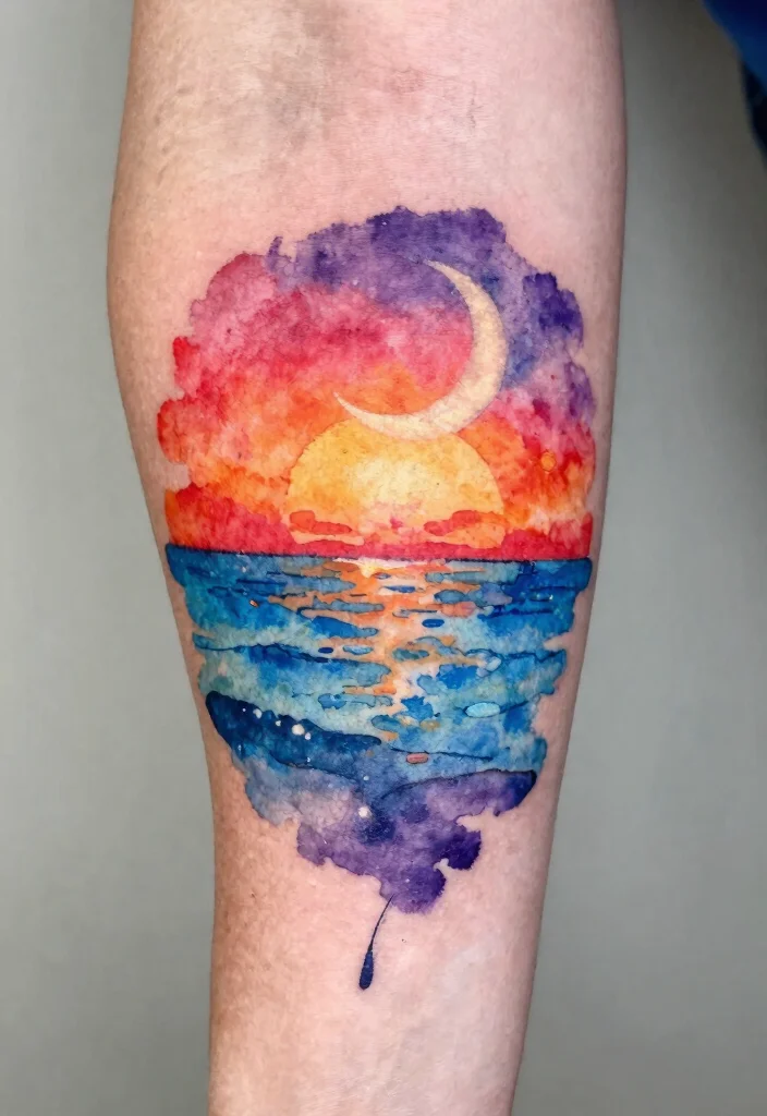 15 Sun Moon Star Tattoo Ideas With Cosmic Energy - 5. Watercolor Celestial Scene 1
