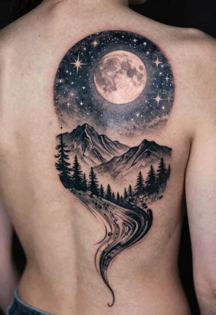 15 Sun Moon Star Tattoo Ideas With Cosmic Energy - 6. Starry Night Landscape 1