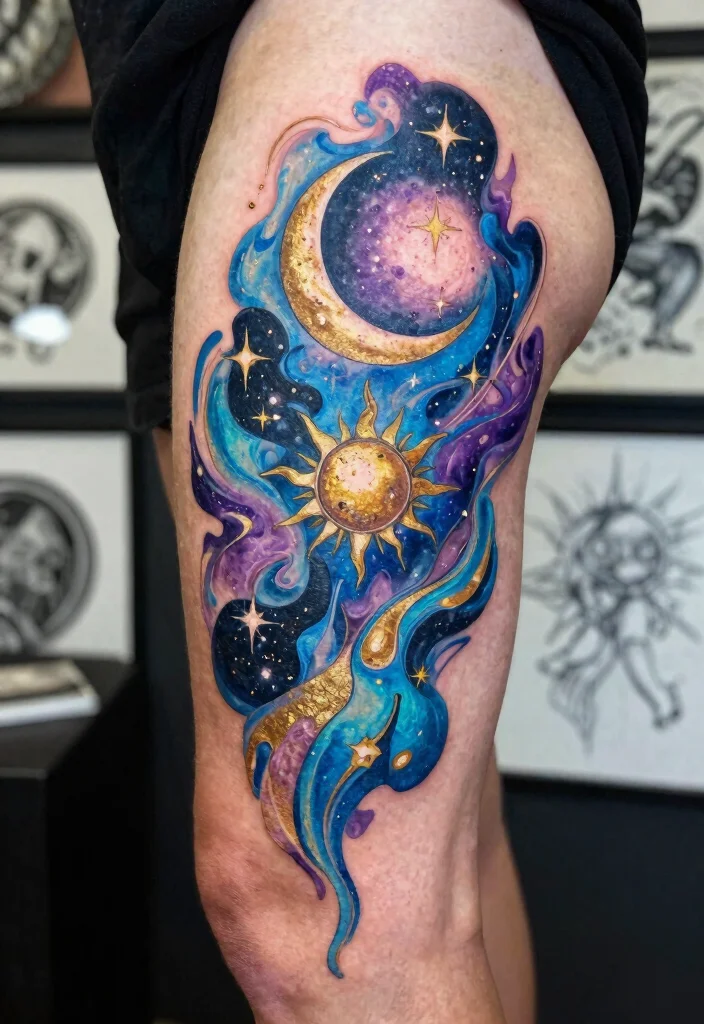 15 Sun Moon Star Tattoo Ideas With Cosmic Energy - 8. Abstract Cosmic Designs 1