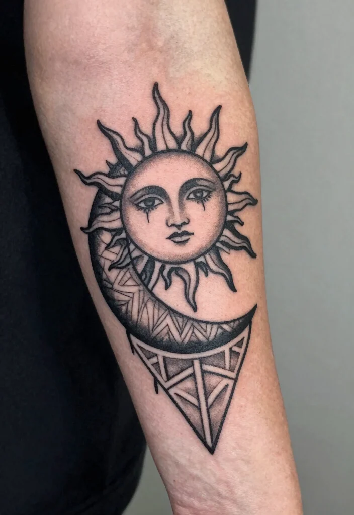 15 Sun Moon Star Tattoo Ideas With Cosmic Energy - 9. Geometric Sun and Moon Tattoos 1