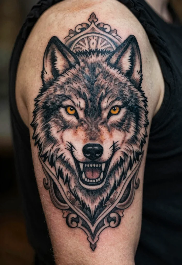 15 Traditional Wolf Head Tattoo Ideas With Wild Spirit - 12. Vintage Style Ink 1