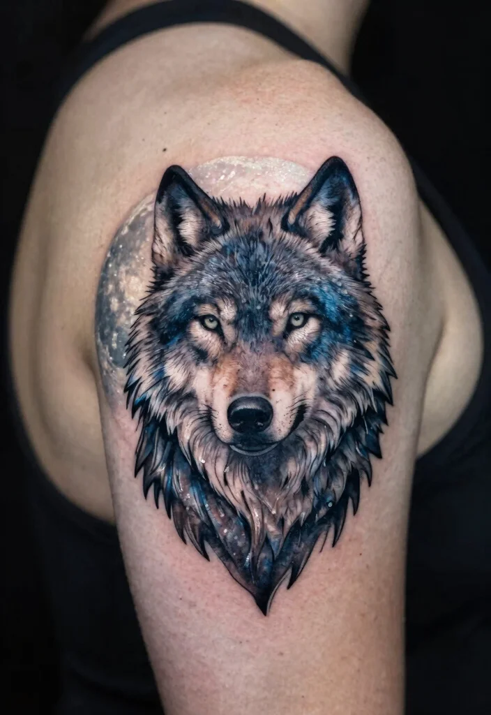 15 Traditional Wolf Head Tattoo Ideas With Wild Spirit - 14. Lunar Connection 1