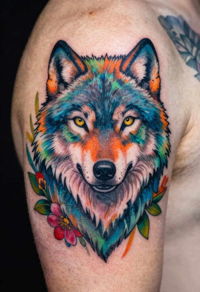 15 Traditional Wolf Head Tattoo Ideas With Wild Spirit - 4. Nature's Palette: Colorful Infusions 1