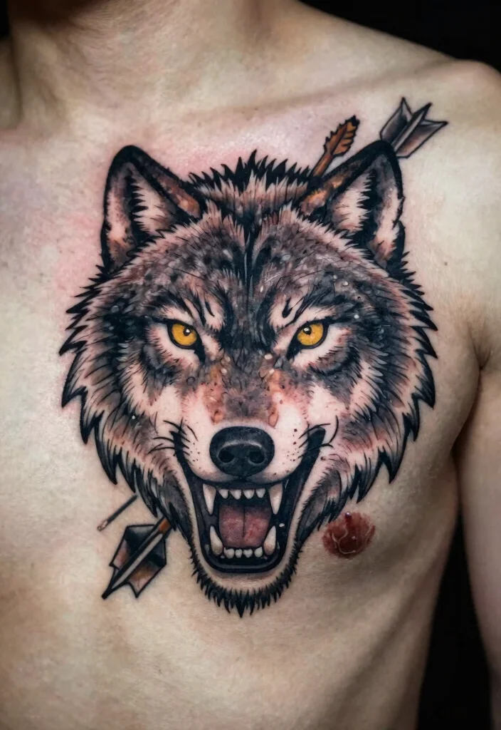 15 Traditional Wolf Head Tattoo Ideas With Wild Spirit - 9. Symbolism of the Hunt 1