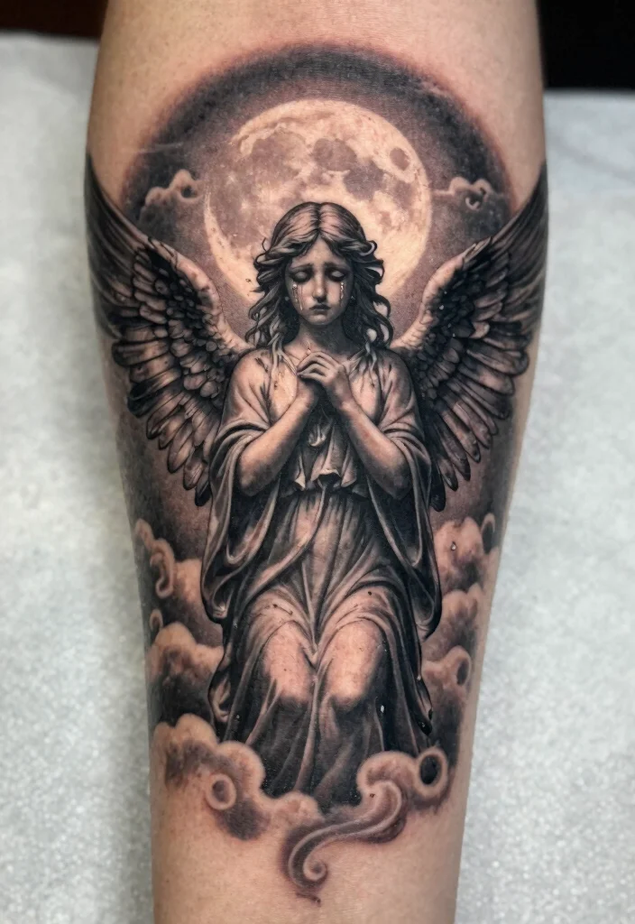 15 Weeping Angel Tattoo Ideas With Dark Gothic Vibes - 11. Weeping Angel in Moonlight 1