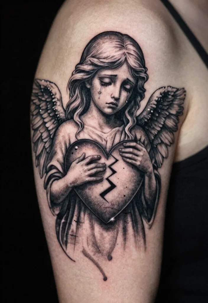 15 Weeping Angel Tattoo Ideas With Dark Gothic Vibes - 12. Weeping Angel with a Broken Heart 1