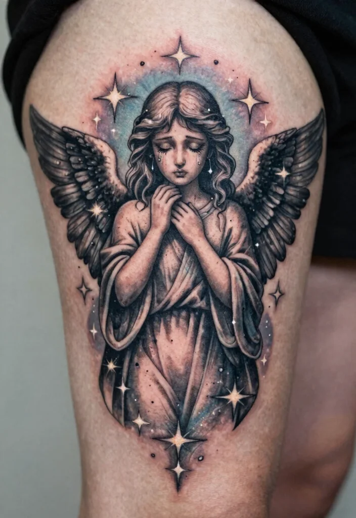 15 Weeping Angel Tattoo Ideas With Dark Gothic Vibes - 13. Weeping Angel with Stars 1