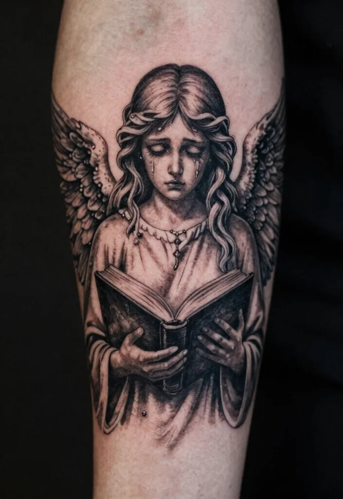 15 Weeping Angel Tattoo Ideas With Dark Gothic Vibes - 14. Weeping Angel with a Book 1