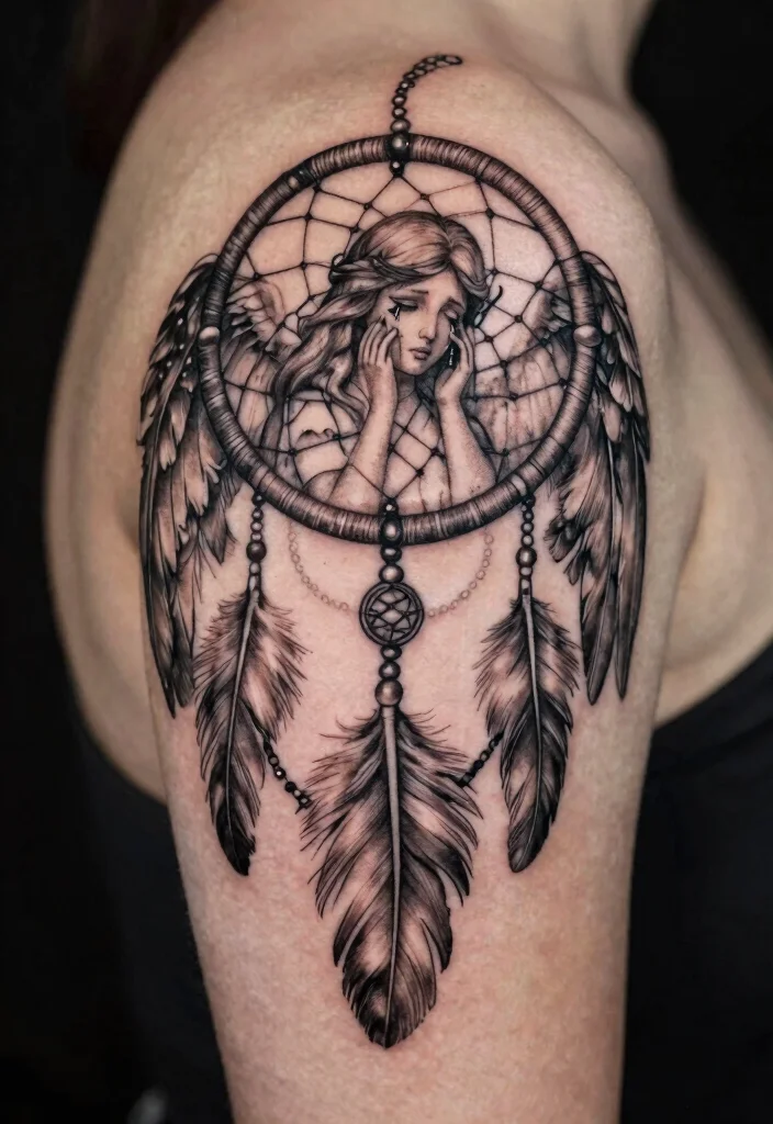 15 Weeping Angel Tattoo Ideas With Dark Gothic Vibes - 15. Weeping Angel with a Dreamcatcher 1