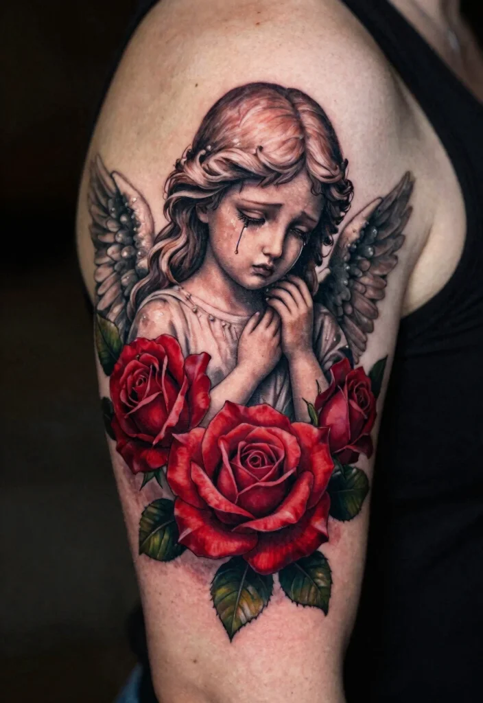 15 Weeping Angel Tattoo Ideas With Dark Gothic Vibes - 3. Weeping Angel with Roses 1