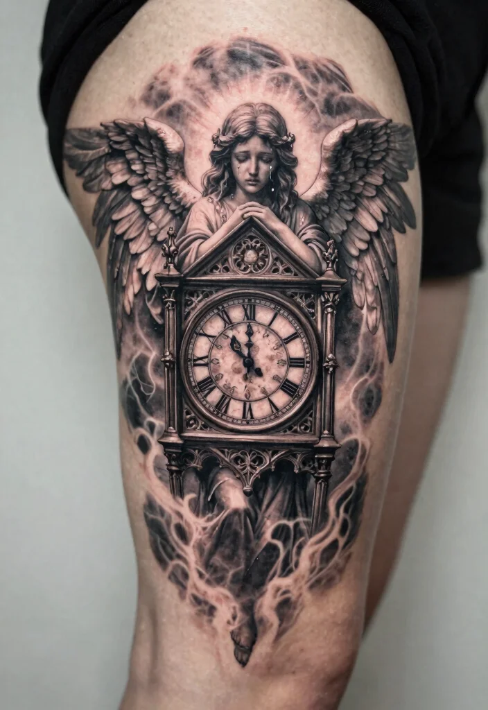 15 Weeping Angel Tattoo Ideas With Dark Gothic Vibes - 4. Weeping Angel with Gothic Clock 1