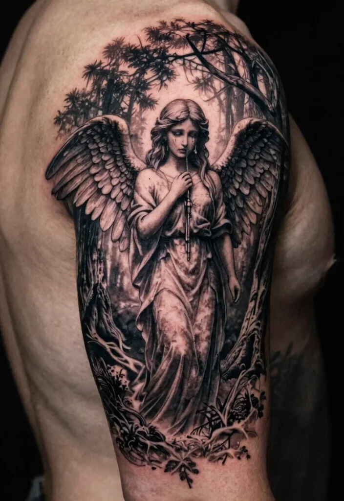15 Weeping Angel Tattoo Ideas With Dark Gothic Vibes - 5. Weeping Angel with Dark Forest 1