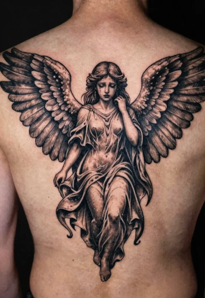 15 Weeping Angel Tattoo Ideas With Dark Gothic Vibes - 6. Weeping Angel with Wings Spread 1