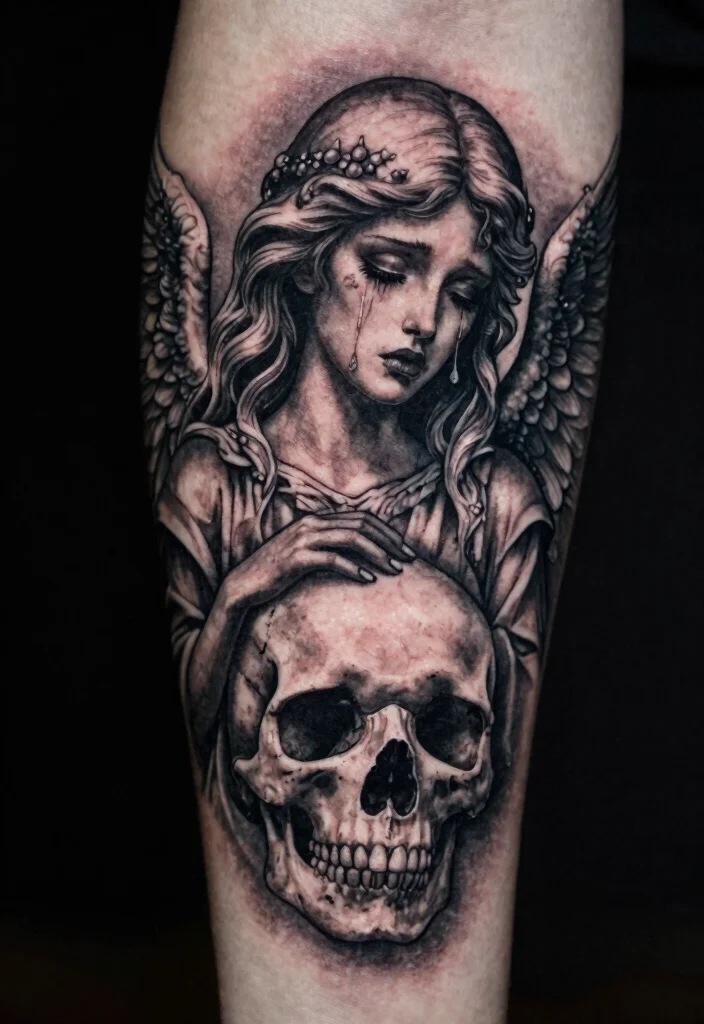 15 Weeping Angel Tattoo Ideas With Dark Gothic Vibes - 7. Weeping Angel with a Skull 1