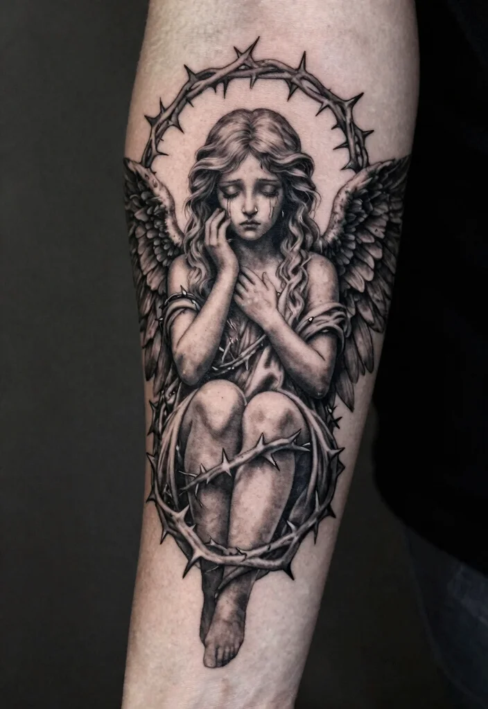 15 Weeping Angel Tattoo Ideas With Dark Gothic Vibes - 9. Weeping Angel with Thorns 1