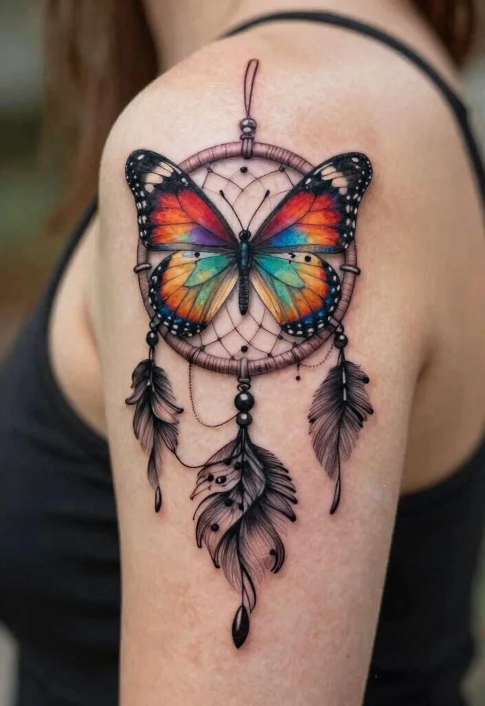 16 3 Butterfly Tattoo Designs Ideas With Graceful Motion - 16. Butterfly and Dreamcatcher Combo 1