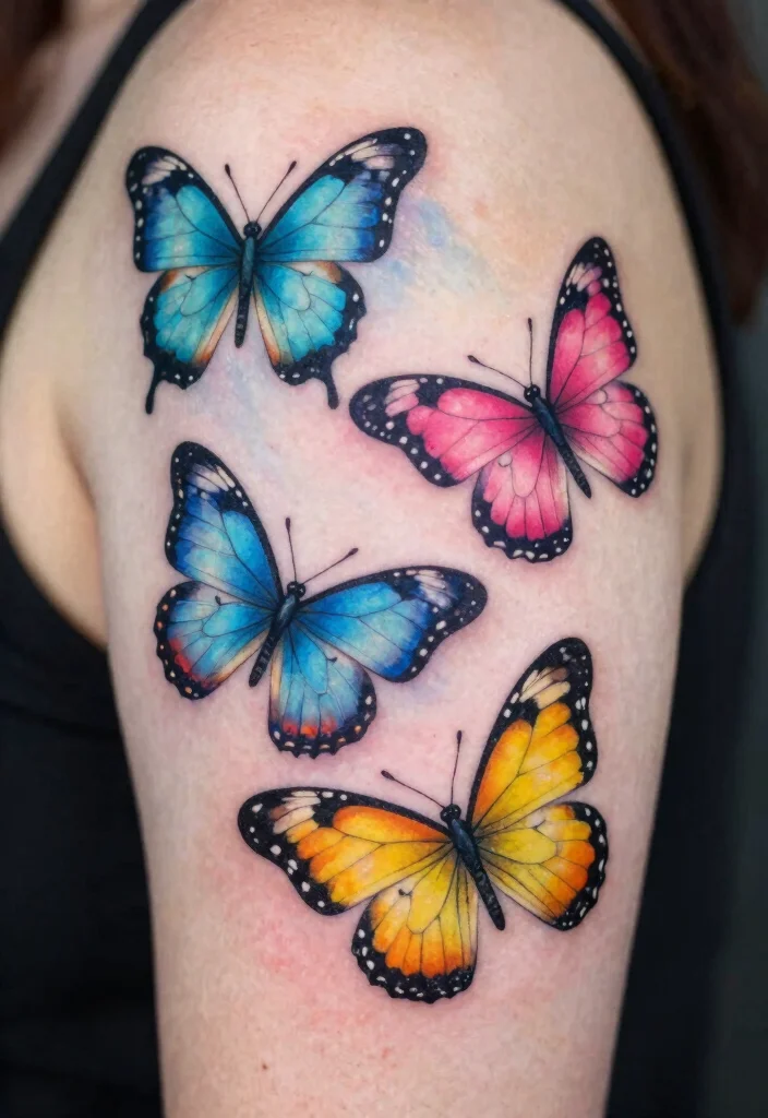 16 3 Butterfly Tattoo Designs Ideas With Graceful Motion - 2. Colorful Butterfly Trio 1