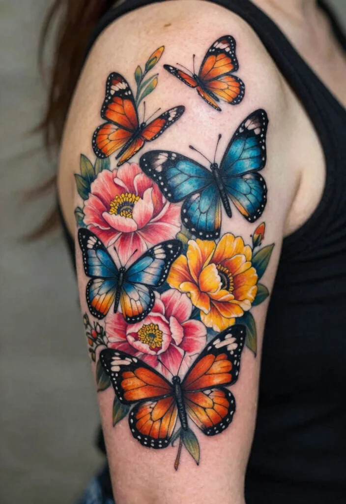 16 3 Butterfly Tattoo Designs Ideas With Graceful Motion - 6. Enchanted Floral Butterflies 1