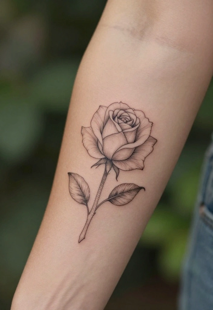 16 Arm Tattoo Flower Ideas With Elegant Flow - 1. Delicate Rose Outline 1