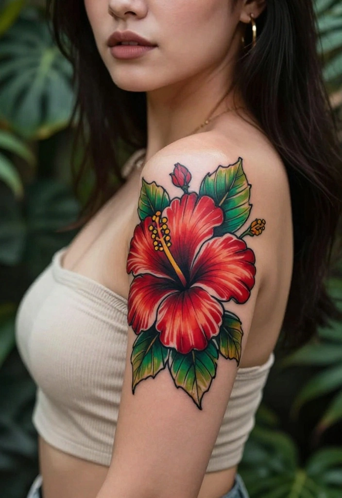 16 Arm Tattoo Flower Ideas With Elegant Flow - 10. Artistic Hibiscus 1