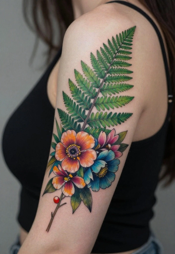 16 Arm Tattoo Flower Ideas With Elegant Flow - 11. Fern and Flower Combo 1