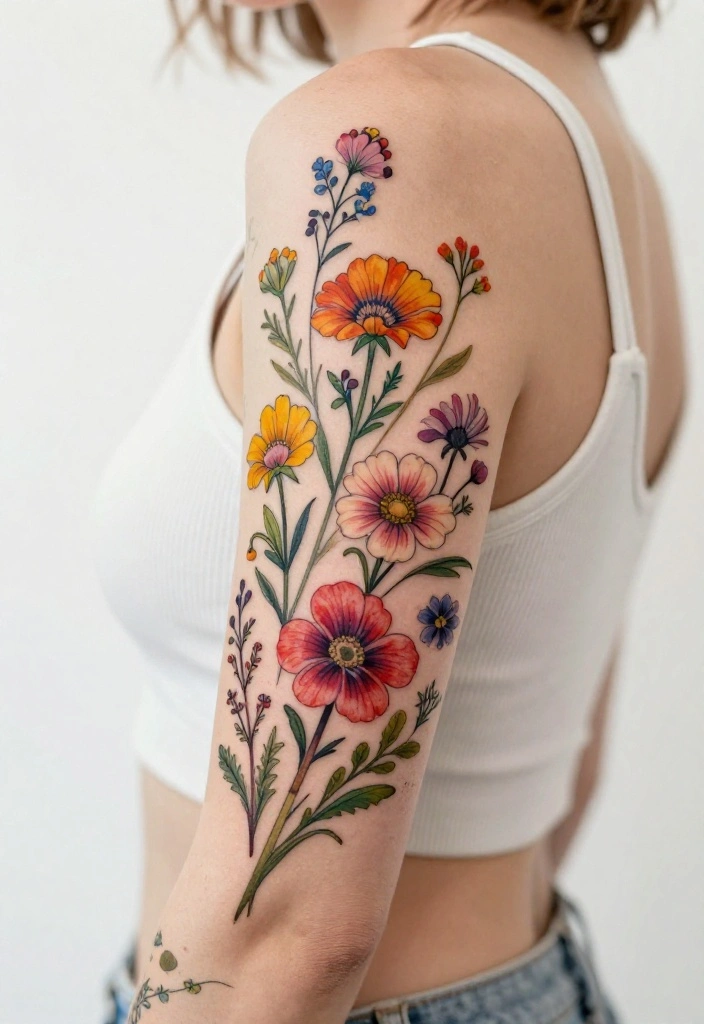 16 Arm Tattoo Flower Ideas With Elegant Flow - 2. Whimsical Wildflowers 1