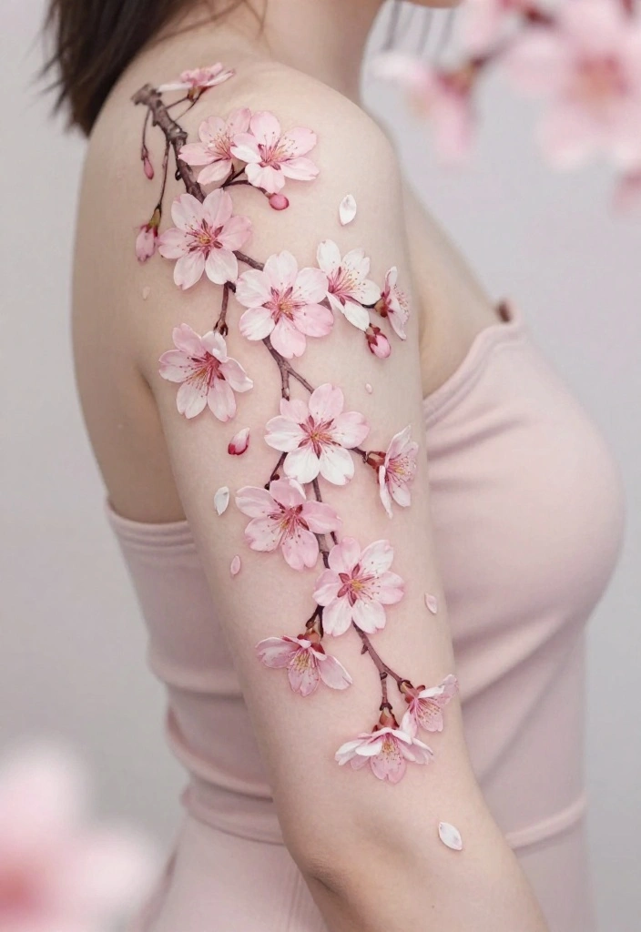 16 Arm Tattoo Flower Ideas With Elegant Flow - 5. Cascading Cherry Blossoms 1