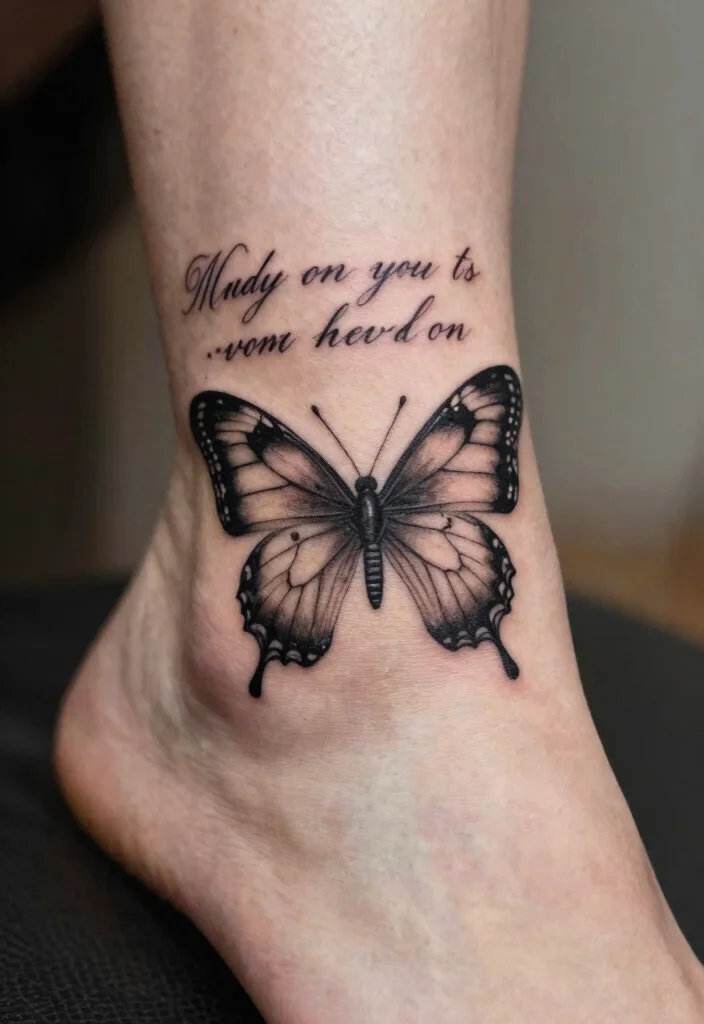 16 Butterfly Foot Tattoo Ideas With Delicate Beauty - 11. Butterfly with Quote 1