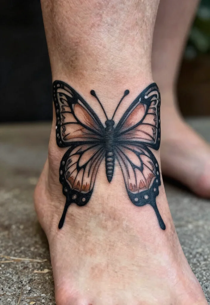 16 Butterfly Foot Tattoo Ideas With Delicate Beauty - 12. Tribal Butterfly Tattoo 1