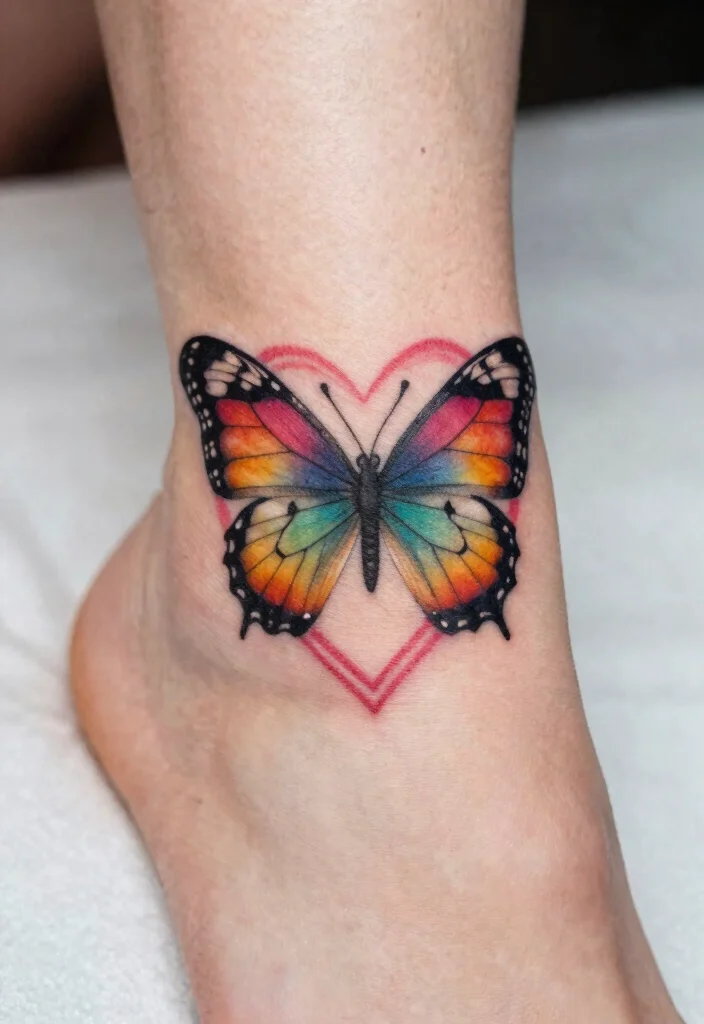 16 Butterfly Foot Tattoo Ideas With Delicate Beauty - 13. Butterfly and Heart Design 1