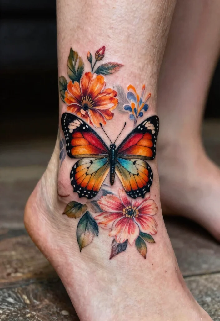 16 Butterfly Foot Tattoo Ideas With Delicate Beauty - 14. Butterfly with Floral Background 1