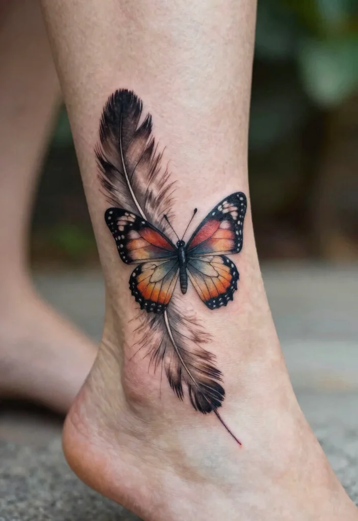 16 Butterfly Foot Tattoo Ideas With Delicate Beauty - 16. Butterfly and Feathers 1